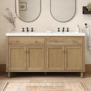 60 Inch Bathroom Vanity with Double Sink ( SMC Sink ), Large Storage Space with 2 Tip-Out Trays / Flip-Out Drawers and 4 Soft Closing Doors, Solid Wood Legs and Silver Metal Knobs, Wood Color