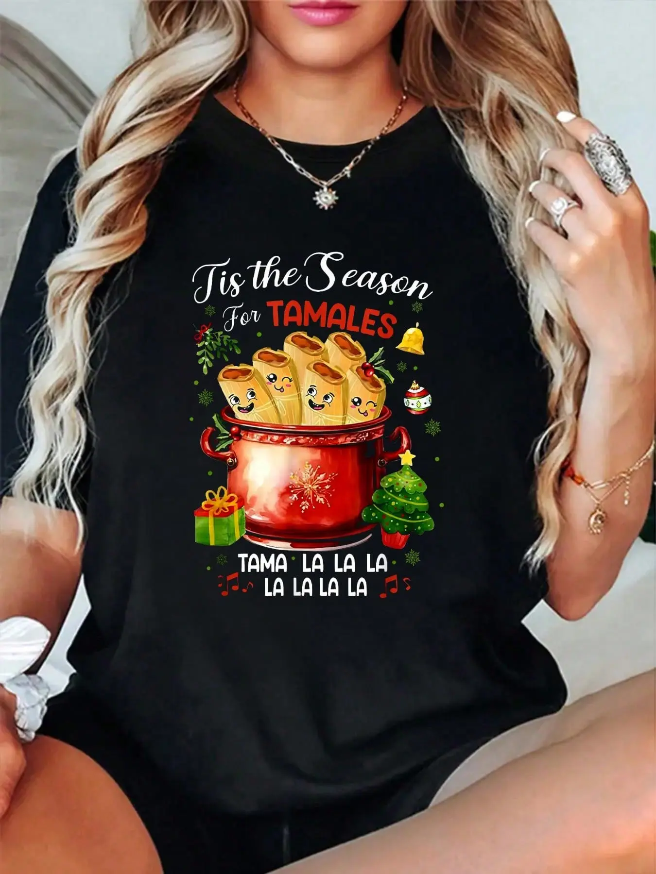 Casual Tshirt for Women, Vintage Distressed Funny Tamales Graphic Print, 100% Cotton Short Sleeve Top, Everyday, Round Neck, Streetwear, Holiday, T Shirts For Women, Whimsical Graphic Sparks Smiles, Distressed Look, Cute, All Seasons, No