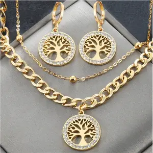 1 set of elegant and luxurious trendy double-layer full circle tassel life tree collarbone pendant necklace earrings set zirconia decoration women's jewelry set
