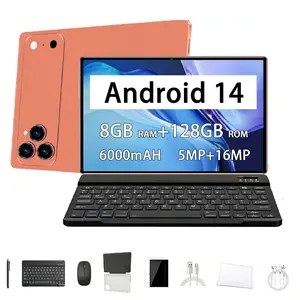 2026 new tablet model, Android 14, 10.1-inch display, 8 GB RAM + 128 GB ROM, dual cameras (5 MP front + 16 MP rear), 6000 mAh battery, dual speakers, includes a bundle that includes keyboard, mouse, stylus pen, and protective case.