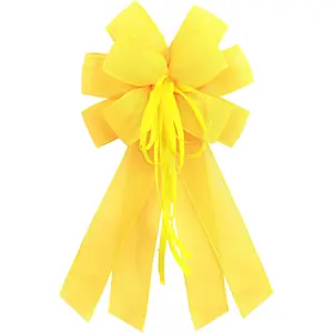 Large Yellow Burlap Easter Wreath Bow, Spring Decorative Bow with String, 11.42 x 20.87 Inches