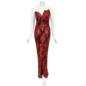 1998 Bob Mackie Red Grapevines Beaded Sequin Silk Strapless Hourglass Slit Gown