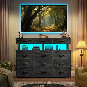 12-Drawer Fabric Dresser With Charging Station And LED Lights, Storage Chest With 10MM Acrylic Sheet And Wood Top, Large Tall Dresser For Bedroom, Closet And Living Room, Built-In USB Ports, Metal Frame, Black Wood Grain