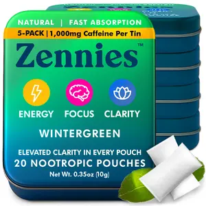 Zennies by Parrox - Caffeine Nootropic Pouches (Wintergreen Flavor) - No Nicotine, No Sugar, & All Natural - Fast Absorption for Energy, Focus, & Clarity - (20 Pouches)