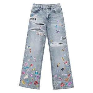 Sticker Graffiti Patchwork Printed Denim Jeans Wide Leg Light Wash Y2K Inspired Street Look with Colorful Patches Cartoon Elements