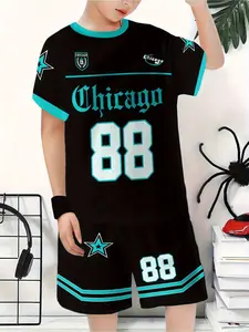 Summer Boys' Chicago 88 Colorblock Short Sleeve Set, Sporty T-Shirt and Track Shorts Two-Piece Set