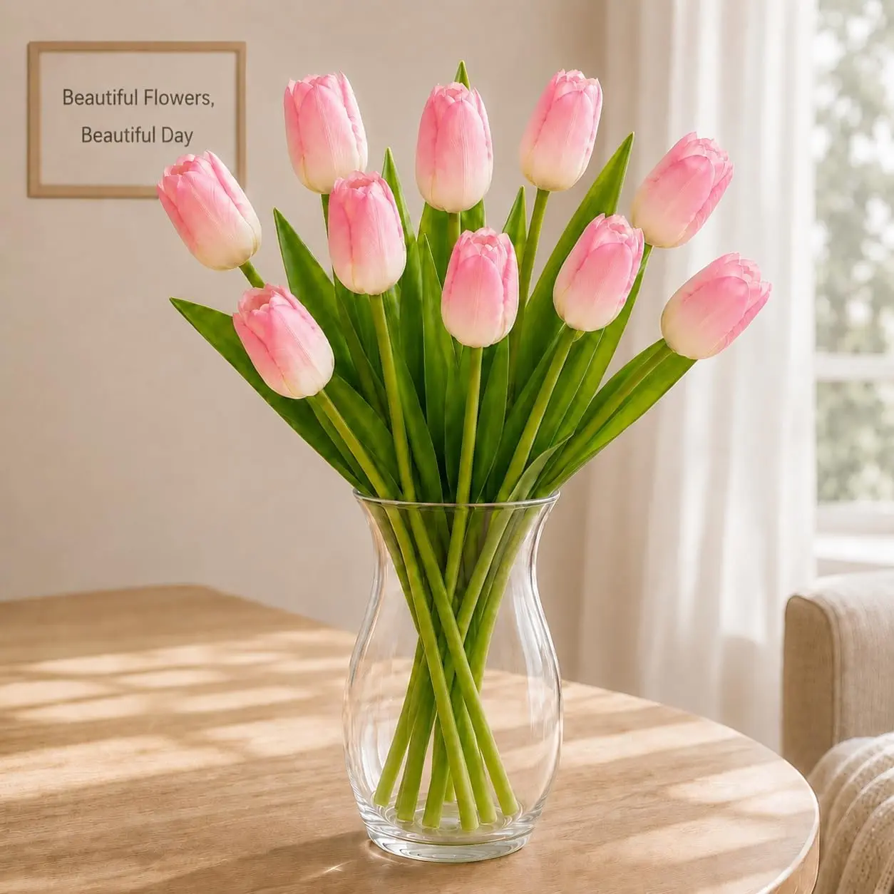 Tulip Artificial Flowers 10 Pcs, Pink Real Touch PU, 13.5" for Small Vase | Soft PU Petals, Flexible Stems, Blush Pink Look, No Watering, No Wilting, No Pollen, Desk Bedroom Decor, Vase Not Included