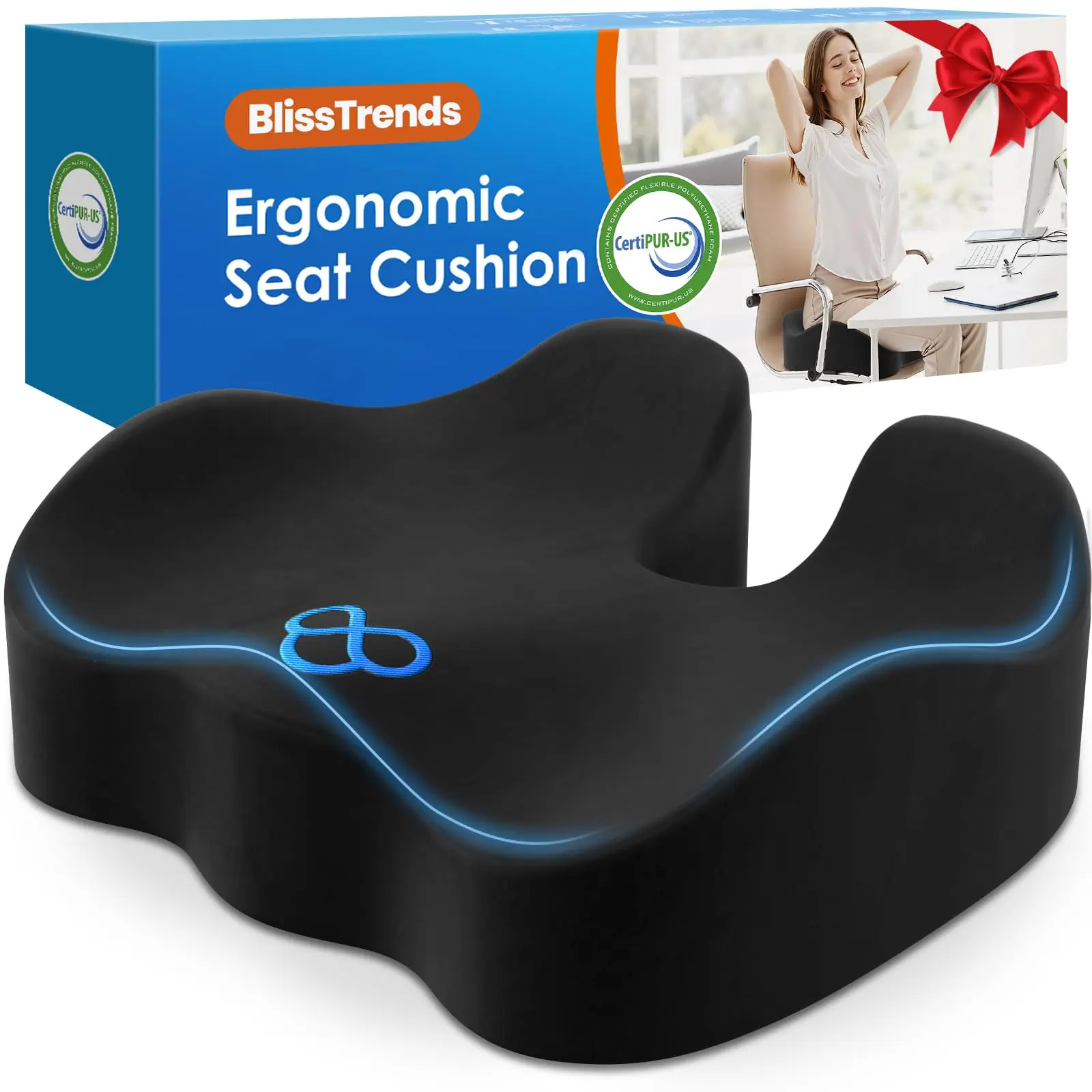 BlissTrends Ergonomic Velvet Seat Cushion - Thick Memory Foam, 4.7in Black, Pressure Relief Sciatica Aid for Office Chair, Car Drivers Long Sitting, Thick Foam