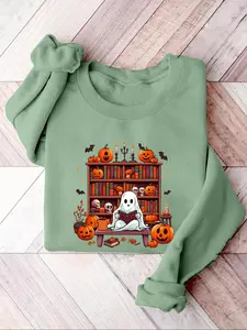 Women's Cartoon Ghost & Book Print Round Neck Sweatshirt, Casual Long Sleeve Pullover for Fall & Winter, Ladies Clothes for Daily Wear, Halloween