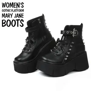 Womens Platform Boots Goth Punk Round Toe Lace up Rivets Zipper Closure Wedge Chunky Heel Gifts Riding Ankle Boots for Party Work Cosplay Halloween Dress Shoes