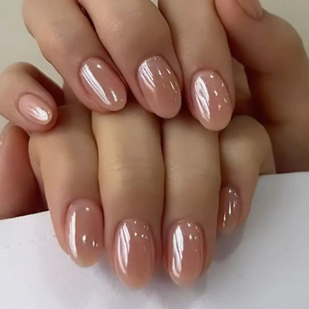 Elevate Your Style, 24pcs Short Oval Pearl Shimmer Finish Acrylic Nail Tips Set, Easy to Wear Press on, Perfect for Women's Daily Work Party Use, Glittering Fake Nails, False Nail Set