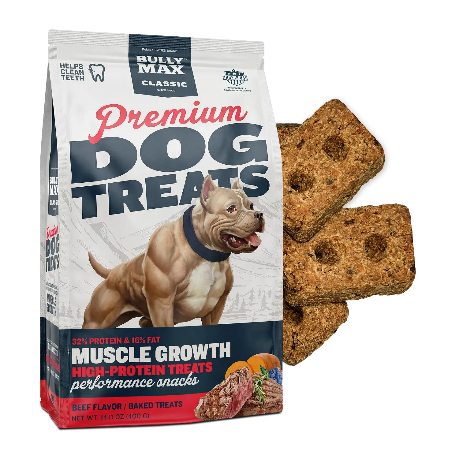 Bully Max Beef Baked Treats - Premium High Protein Dog Treats for Puppy & Adult Dogs - Training Dog Food Treats with 32% Protein, Real Meat, Veggies & BCAAs, 400g Bag