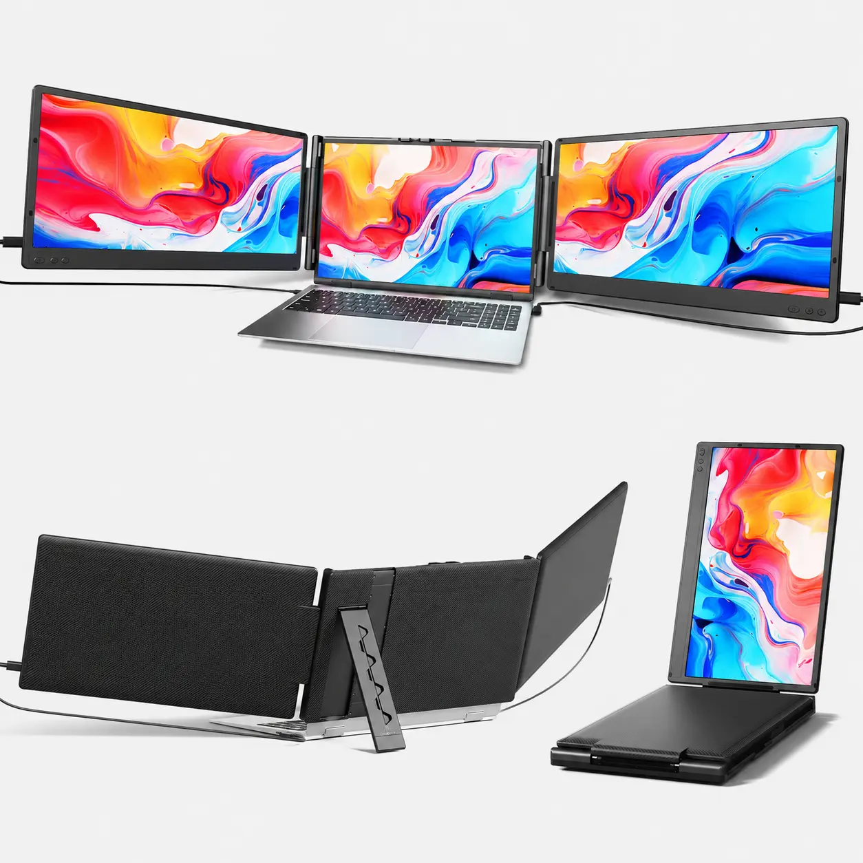 Cevaton 14" Dual-Screen Laptop Monitor Extender, 1080P FHD IPS Portable Triple-Screen Setup for 13.3"-17.3" Laptops, Foldable Width-Adjustable Design, Dual Video Outputs Required