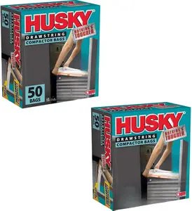 Husky Drawstring Compactor Bags 18 Gallon White Pack of Two Durable Polyethylene Material for Efficient Disposal