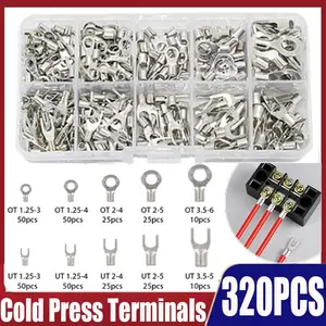 320pcs Non-Insulated Ring & Spade Terminal Kit, Cold Press Terminals, Copper Lugs, U-Type Crimp Connectors, Quick Electrical Connection