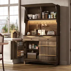 STO'SENSE 72’’ Tall Kitchen Pantry Cabinet with Power Outlet and LED Light, Kitchen Hutch Cabinets with Flip-up Door & Pegboard, Freestanding Food Pantry Storage with Drawers, Buffet Cabinet for Dining Room