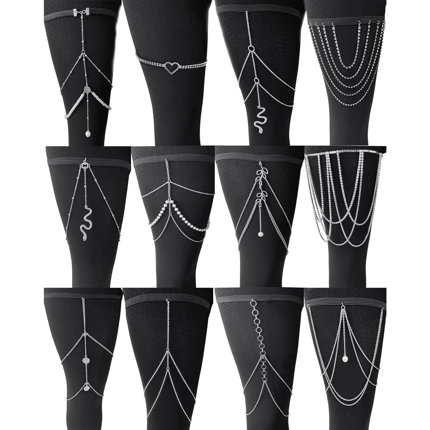 12Pcs Thigh Chains Snake Heart Pearl CZ Leg Chain Boho Layered Body Chain Summer Beach Party Body Jewelry for Women Silver Gold Tone