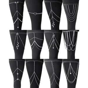 12Pcs Thigh Chains Snake Heart Pearl CZ Leg Chain Boho Layered Body Chain Summer Beach Party Body Jewelry for Women Silver Gold Tone