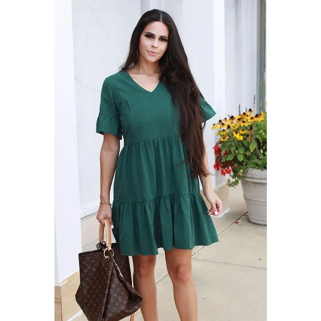 Cotton Nursing Dress With Pockets -Bell Sleeve- Green