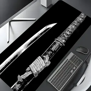 Cool Black White Samurai Sword Extended Pattern Large Gaming Mouse Pad, Aesthetic Desktop Drotection Pad, Washable Rubber Pad Non-Slip Lock Edge Multi-Size Mouse Pad Suitable For Home Office, Good Gift for Family and friends, Desk Accessories