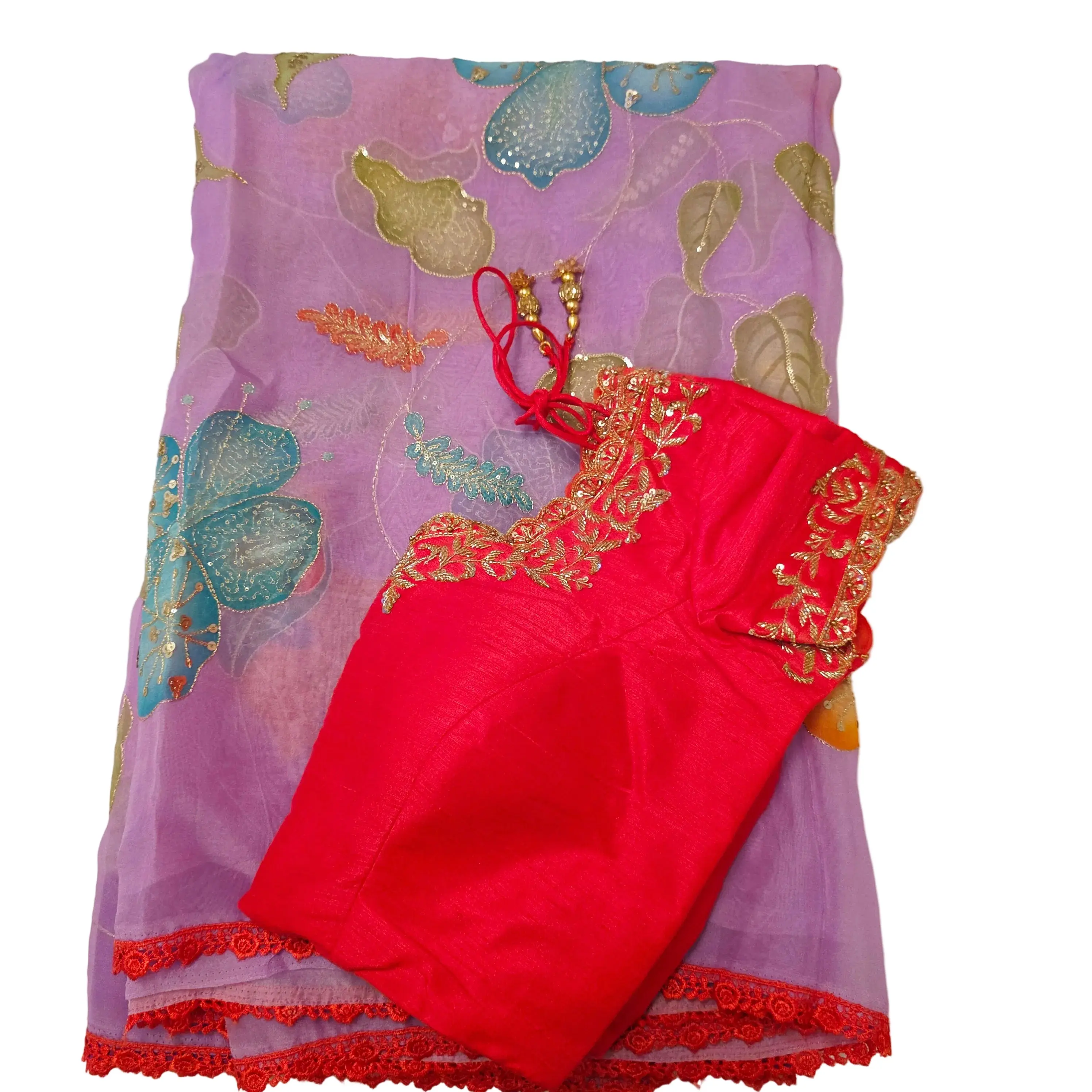 Reyavogue Womens Purple Latest and Trendy Saree with Floral Hibiscus theme in paired with cute short sleeve blouse