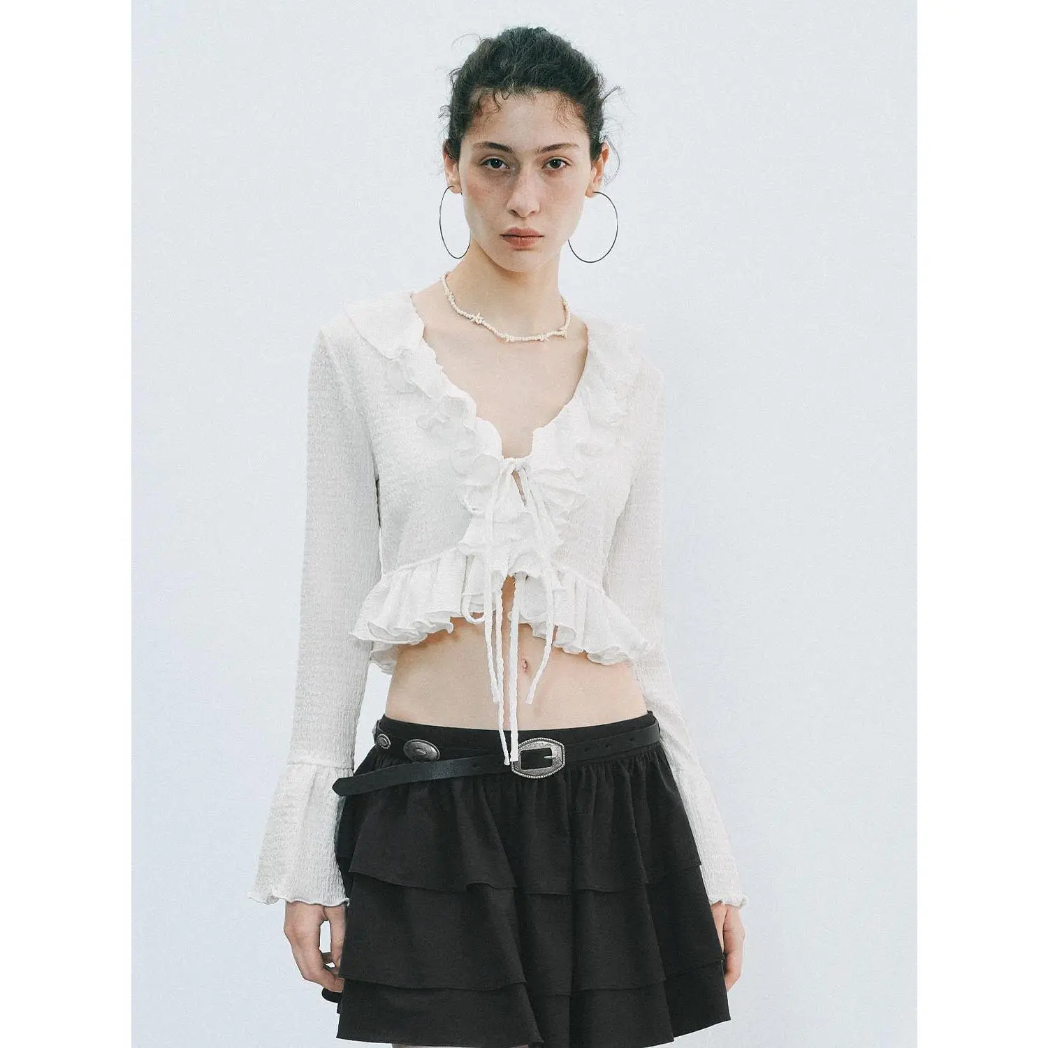Women's Ruffled Blouse - Elegant Fitted Open Front with Flare Long Sleeve, Textured Polyester Stretch Fabric, Fitted Blouse, Ruffled Texture, Elastane, Polyester Blend, Medium Length, Cold Wash, Do Not Dry Clean