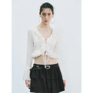 URBAN REVIVO 2026 Spring New Arrival Lady's Elegant Fitted Casual Top - Polyester Stretch Fabric, Ruffled Texture, Flare Long Sleeve, Open Front, Women's Clothes, UYL250088