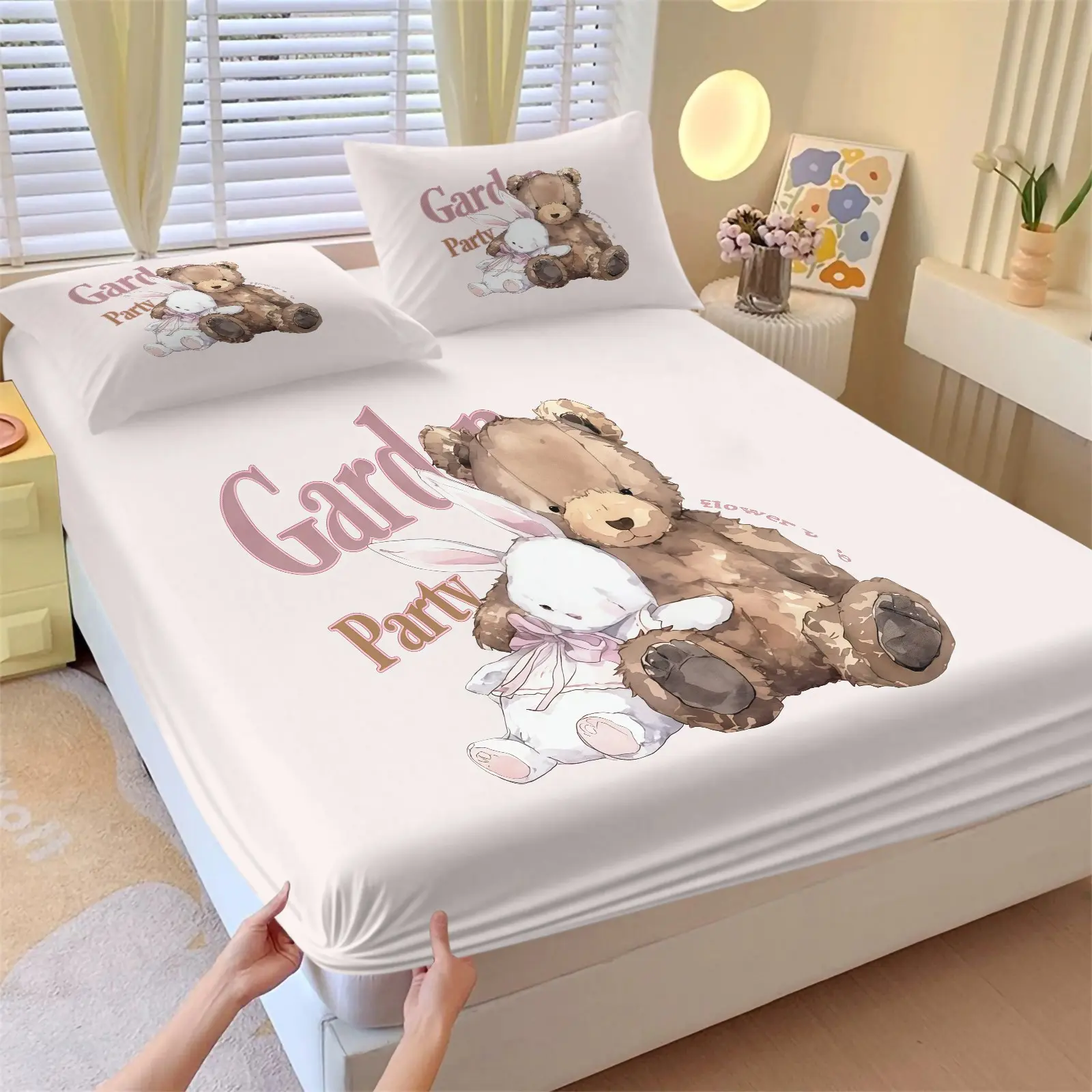 Pink cute teddy bear rabbit printed bed sheet, including 1 bed sheet and 2 pillowcases, anti slip dust cover suitable for bedrooms and guest rooms, suitable for personal use or gift giving
