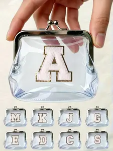 Vintage Coin Purse with Decorative Letter Patches, Transparent Women's Short Wallet, Portable Mini Cosmetic Bag, Travel Makeup Bag, Makeup Organizer Pouch, Makeup Storage Bag, Travel Cosmetic Bags