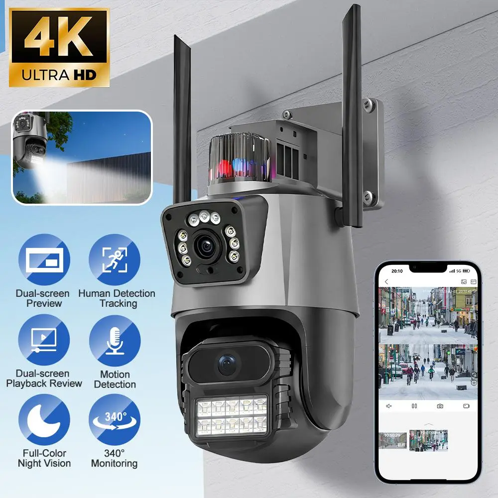 【Black Friday】4K Dual-Lens WiFi Security Camera, Outdoor PTZ Camera with Dual-Screen Display, AI Human Tracking, Full-Color Night Vision, 2-Way Audio, Waterproof, Wired-Wireless, Wall Mount for Home, School, Business Surveillance System