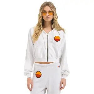 SUNSET PATCH RELAXED CROPPED ZIP HOODIE - DOVE