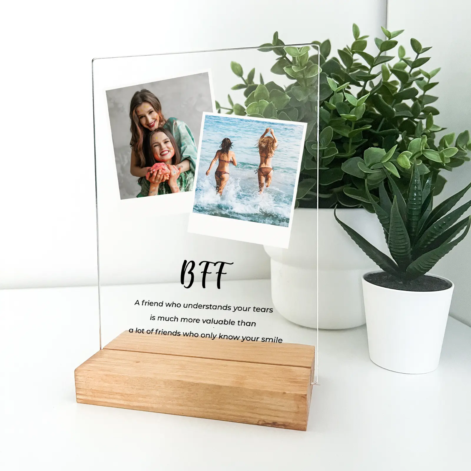 Custom 2 Photo Collage Acrylic Picture Frame with Wood Base – Personalized Engraved Gift for Friends, Couples, Family, Desk or Home Décor