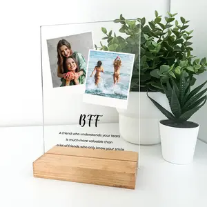 Custom 2 Photo Collage Acrylic Picture Frame with Wood Base – Personalized Engraved Gift for Friends, Couples, Family, Desk or Home Décor