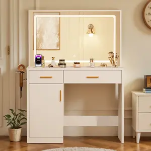 PRO-GLAM! 35.4" LED Vanity Mirror with Light Strips, 3 Color Lighting, Charging Station (AC/USB-C), 2 Drawers & Cabinet, Makeup Desk - White