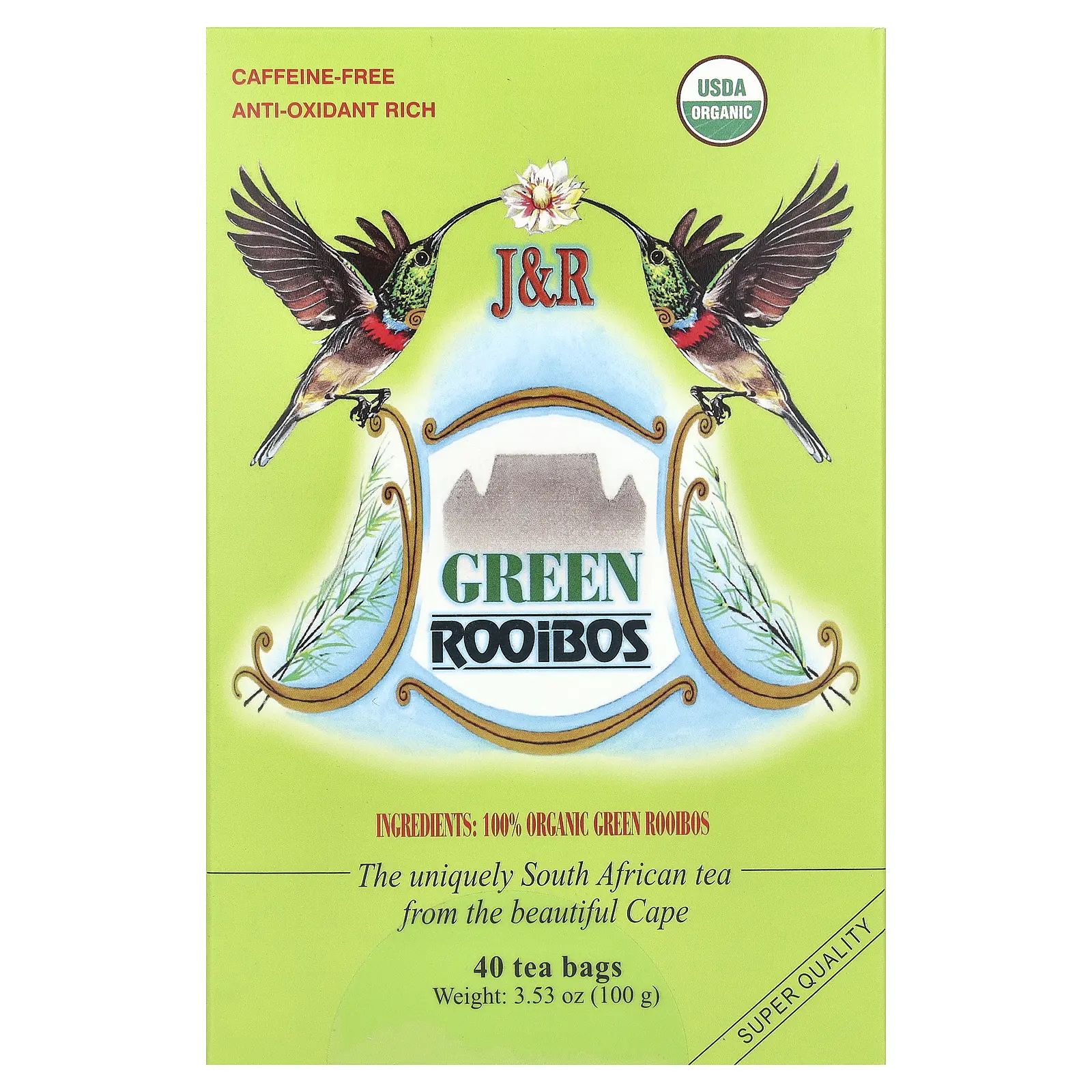 J&R Port Trading Green Rooibos, Caffeine-Free, 40 Tea Bags, 3.53 oz (100 g) J&R Port Trading Green Rooibos, Caffeine-Free, 40 Tea Bags, 3.53 oz (100 g)