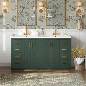 60'' Bathroom Vanity with Ceramic Sink Combo,Solid Wood Frame Bathroom Storage Cabinet, Freestanding Vanity Set with 3 Drawers& Soft Closing Doors