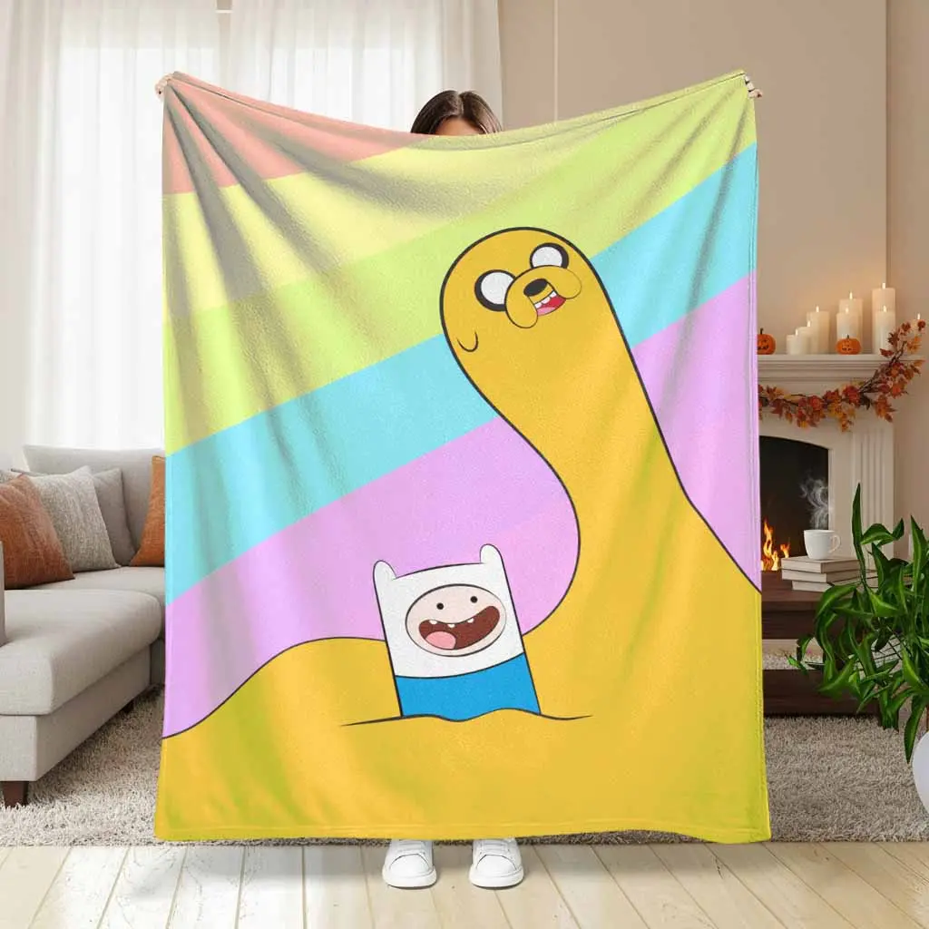 Cartoon Adventure Duo Flannel Blanket - Vibrant Rainbow Aesthetic, Lightweight, Breathable, Skin-Friendly Plush Throw for Cozy Living Room Relaxation, Camping, Ideal Birthday Gifts for Close Friends/Family for Chilly Evenings