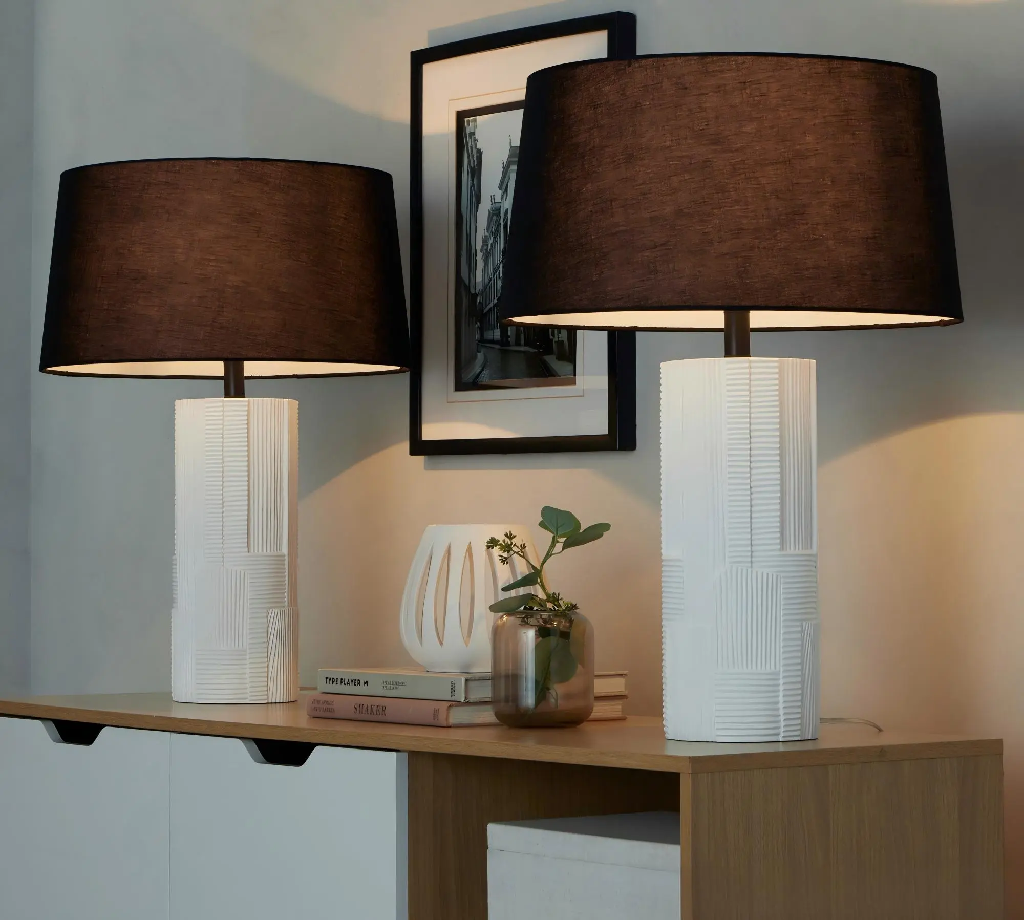 Set of 2 Contemporary 26-Inch Table Lamps with Cream Polyresin Body, Black Metal Accents, and Black Linen Shade
