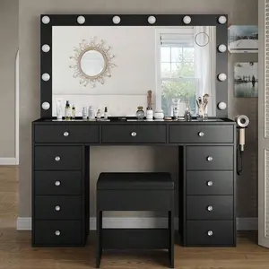 Makeup Vanity Desk With Mirror & 12 LED Lights, Vanity Table With 11 Drawers, Power Outlet & Chair, 3 Lighting Modes Adjustable, White