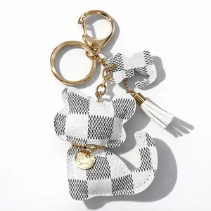 Chic White and Grey Checkered Cat Keychain with Gold Tassel and Charm for Stylish Accessory