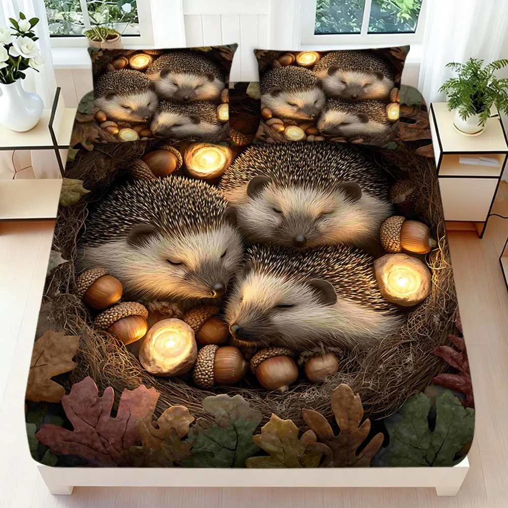 2/3 Pcs 2D Flat Hedgehogs and Acorns Fitted Sheet Set Autumn - Themed Bedding Set Quilt Cover 1 Fitted Sheet + 1/2 Pillowcases Cozy Nest and Leaves Top Sheet Decorative Bedding Bedroom Decor