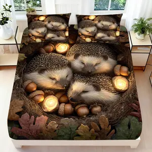 2/3 Pcs 2D Flat Hedgehogs and Acorns Fitted Sheet Set Autumn - Themed Bedding Set Quilt Cover 1 Fitted Sheet + 1/2 Pillowcases Cozy Nest and Leaves Top Sheet Decorative Bedding Bedroom Decor