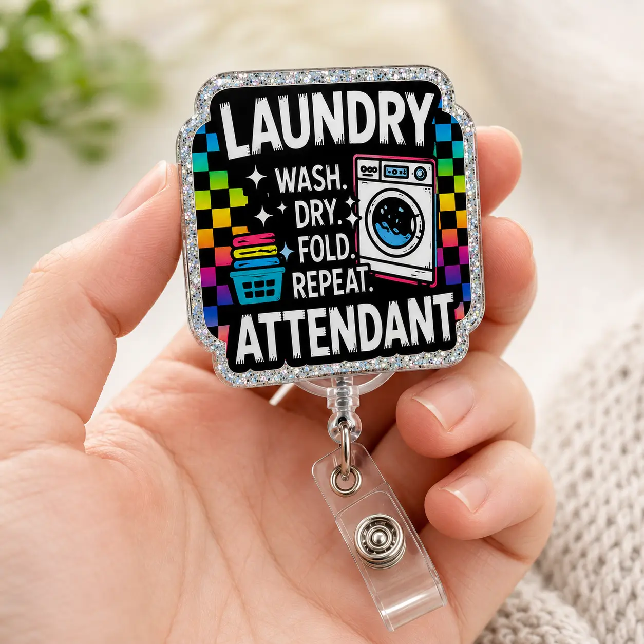Badge Reel for Laundry Attendants, Wash Dry Fold Repeat Retractable ID Badge Holder, Cute Laundry Staff Work Accessory Gift for Housekeeping and Linen Services, 2 3 4 Inch