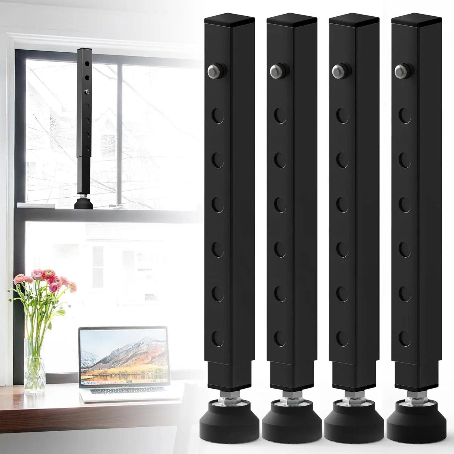 4 Pack Adjustable 11"-18" Small Window Security Bars Short Sliding Window Lock Bar for Child Safety Anti-Theft with Rubber Base for Bathroom Basement Windows Black