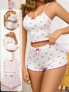 Women's Cute Floral Sleepwear Set, Comfortable Spaghetti Strap Sleeveless Top & Shorts, Slim-Fit Nightgown for All Seasons, Fashion Home Wear