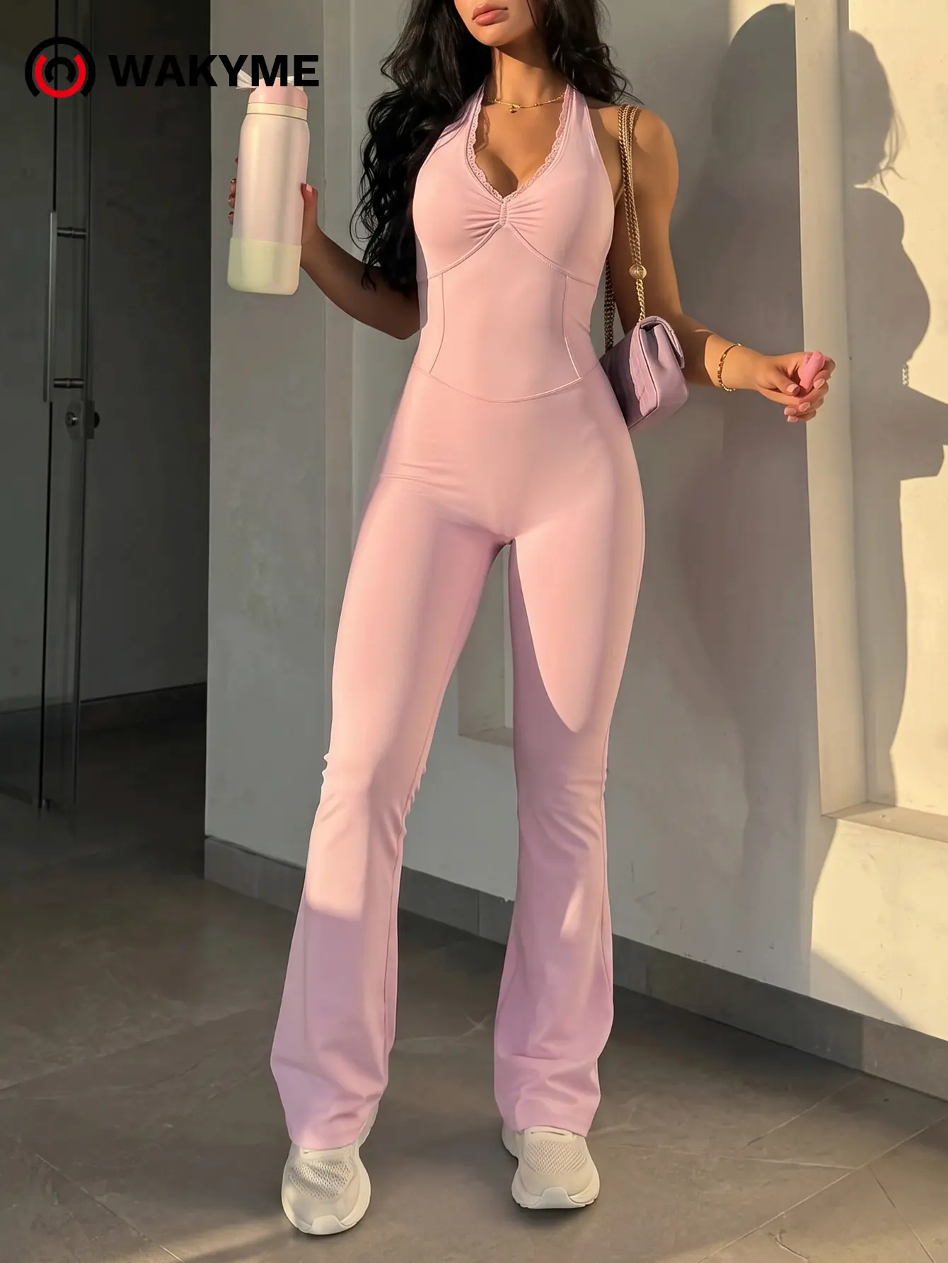 Women's Lace V Neck Halter Yoga Jumpsuit Built-In Bra Tummy Control Booty Lift Flare Leg One Piece Activewear