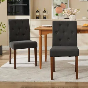 Upholstered Dining Chairs Set of 2, Button Tufted Parsons Chairs with Wood Legs and Padded Seat, Modern Fabric Side Chairs for Dining Room Kitchen Farmhouse Hotel, Black