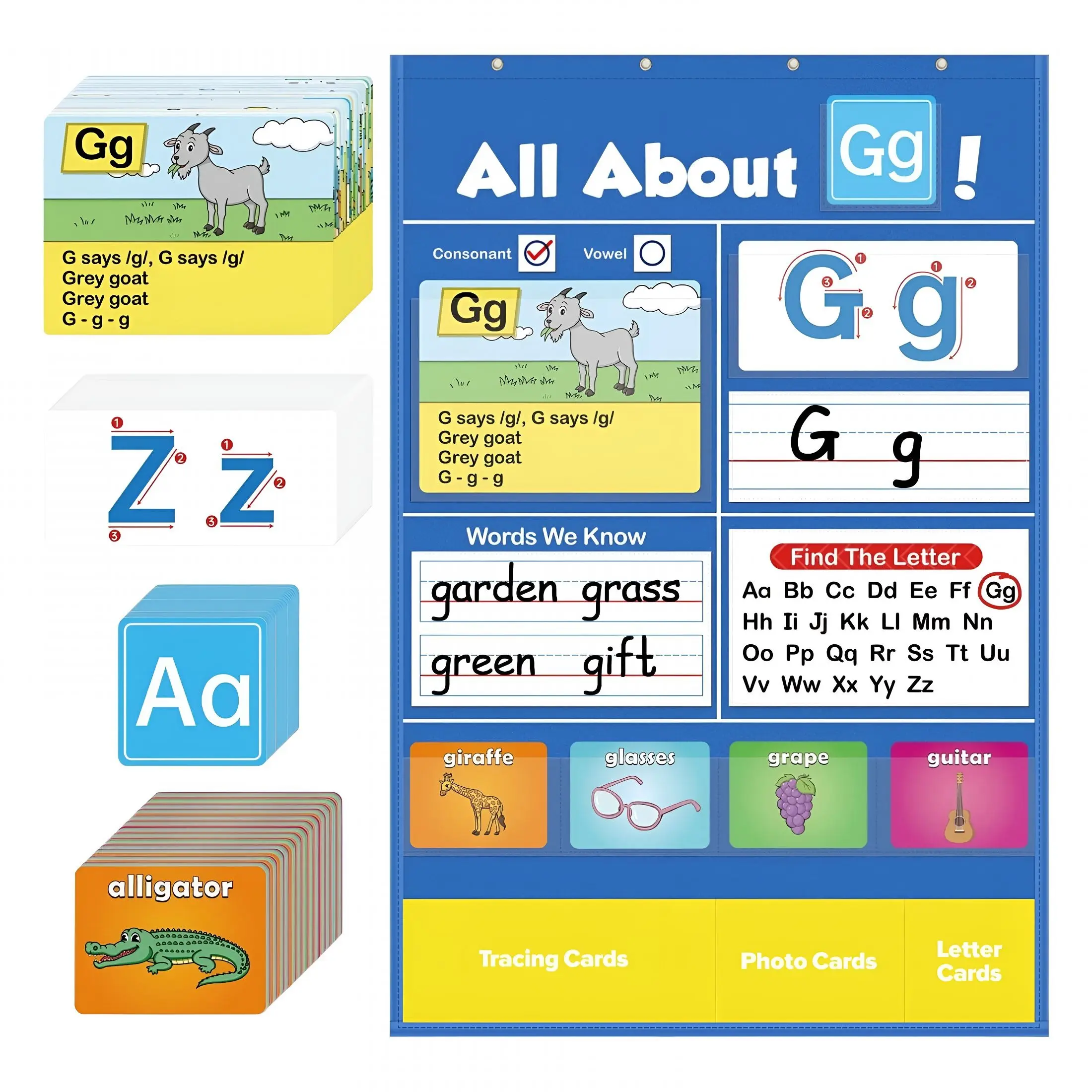 23.62inchx15.74inch Alphabet Learning Pocket Chart Alphabet Wall Chart ABC Flash Cards Learning Games, Handwriting Practice Letter Tracing Learning Activities ,School holidays Must Haves, Card Matching Games, Comprehensive Alphabet Learning