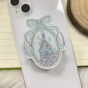 Cute Light Blue Ribbon Bow Magical Castle Acrylic Phone Grip | Kawaii Vintage Pearl Frame Griptok for iPhone & Android | Pastel Kingdom Princess Theme Phone Stand Holder | Aesthetic Coquette Gift for Girls
