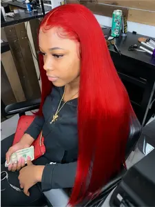 Bright Red 13x4 Lace Front Wig HD Transparent Lace Frontal Wig Natural Hairline Red Concert Look Straight Wig Coachella Festival Look Heat-Resistant Fiber Synthetic Wig for Party Cosplay 28 Inches